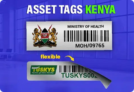 On-site asset tagging carried out by a Vexar technician Vexar team member applying an aluminium asset tag to office equipment in Nairobi