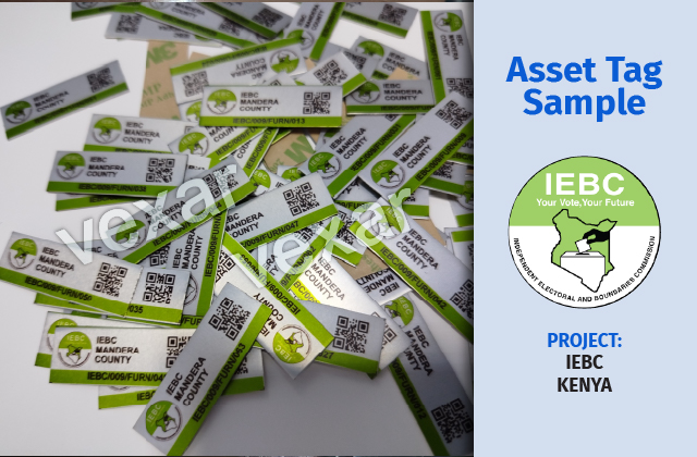 Asset tag sample carrying both a linear barcode and a QR code square