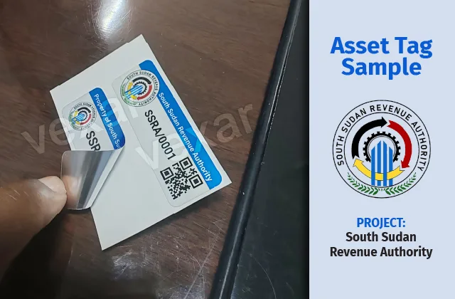 Printed polyester asset label samples on a supply sheet Sheet of numbered printed polyester asset labels