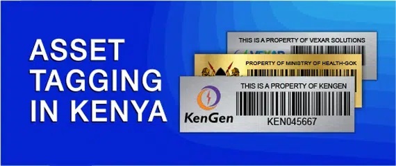 Barcode asset tagging applied to laptops and office IT equipment Laptop and monitor tagged with barcode asset labels in an office